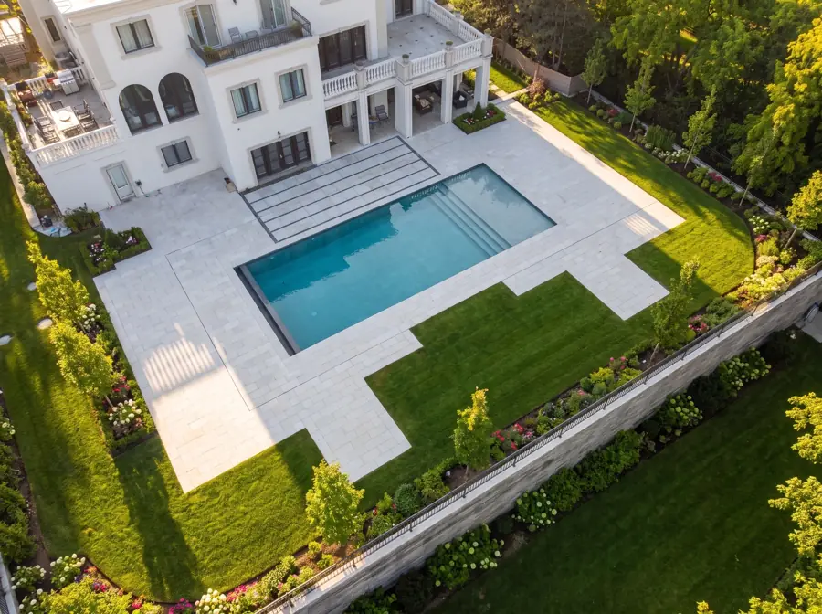 Design concept render: finished pool deck, lawn and planting